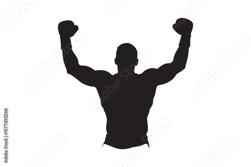 Victorious Boxer with Raised Arms in Triumph Celebrating a Win with Boxing Gloves Shown in a Silhouette Style silhouette