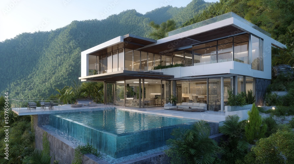 Fototapeta premium Luxurious Modern Villa Overlooking Lush Green Mountains and Pool