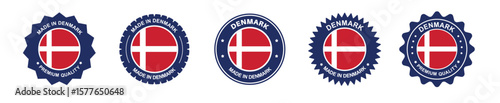 denmark product label set. denmark flag, premium made in denmark . Labels, seals, stamps, flags, icons