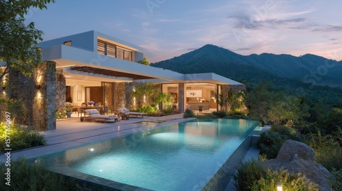 Wallpaper Mural Luxurious Modern Villa Overlooking Lush Green Mountains and Pool Torontodigital.ca