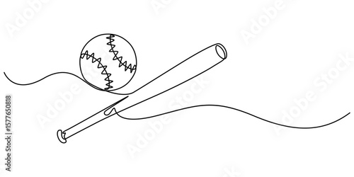 Continuous one line drawing of baseball bat and the ball. Simple Baseball bat line art vector illustration, Baseball bat and baseball ball icon in thin line style, white background editable stroke. 