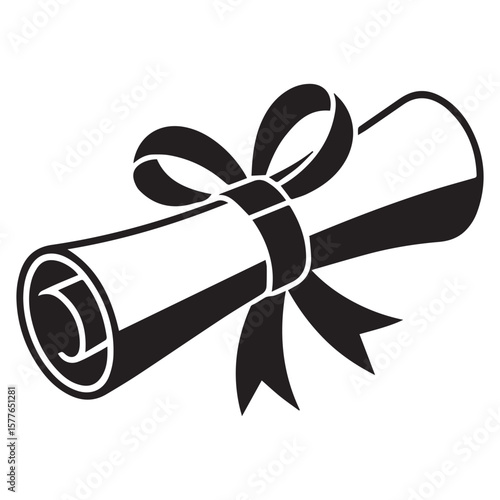 Stylized black and white illustration of a rolled diploma or certificate tied with a ribbon and bow