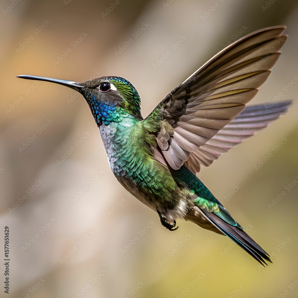 Fototapeta premium a hummingbird frozen in mid flight iridescent