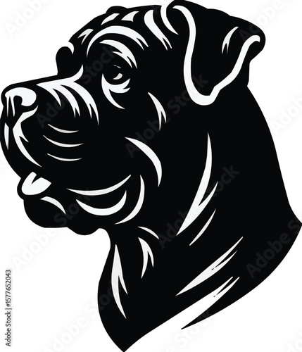 Vector art of a black and white vector illustration of a cane corso dogs head in profile