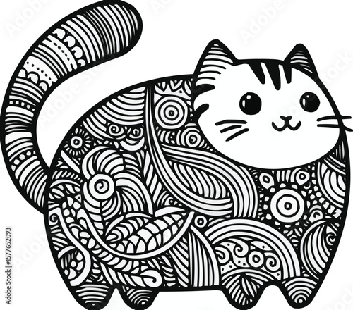 Vector art of a cute, chubby cat adorned with intricate patterns and doodles
