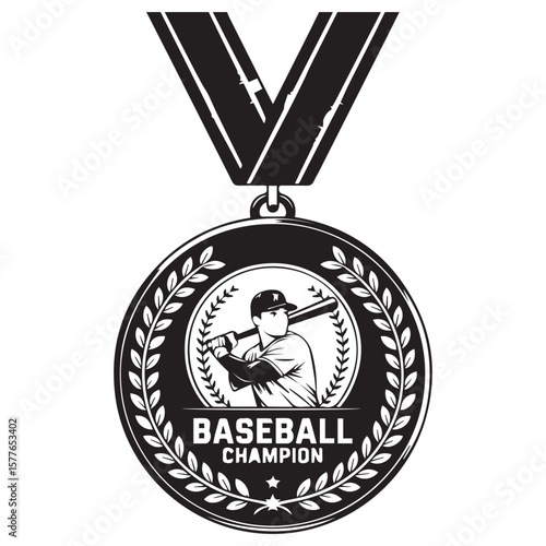 Black and white illustration of a baseball champion medal featuring a batter with a bat and laurel wreath award symbolizing victory and achievement