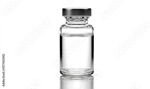 Clear glass medical vial filled with clear liquid
