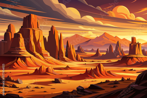 Panoramic view of Wadi Rum desert in Jordan during a light sandstorm. Dramatic Middle Eastern landscape, red rocks, dusty sky, arid terrain, iconic travel scene