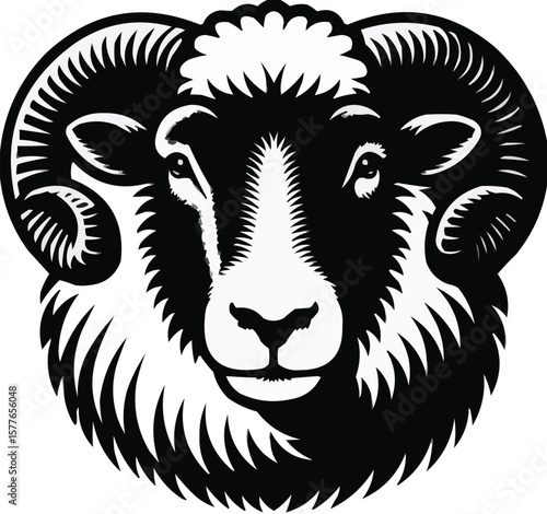 Vector art of a bold graphic illustration of a rams head with curled horns