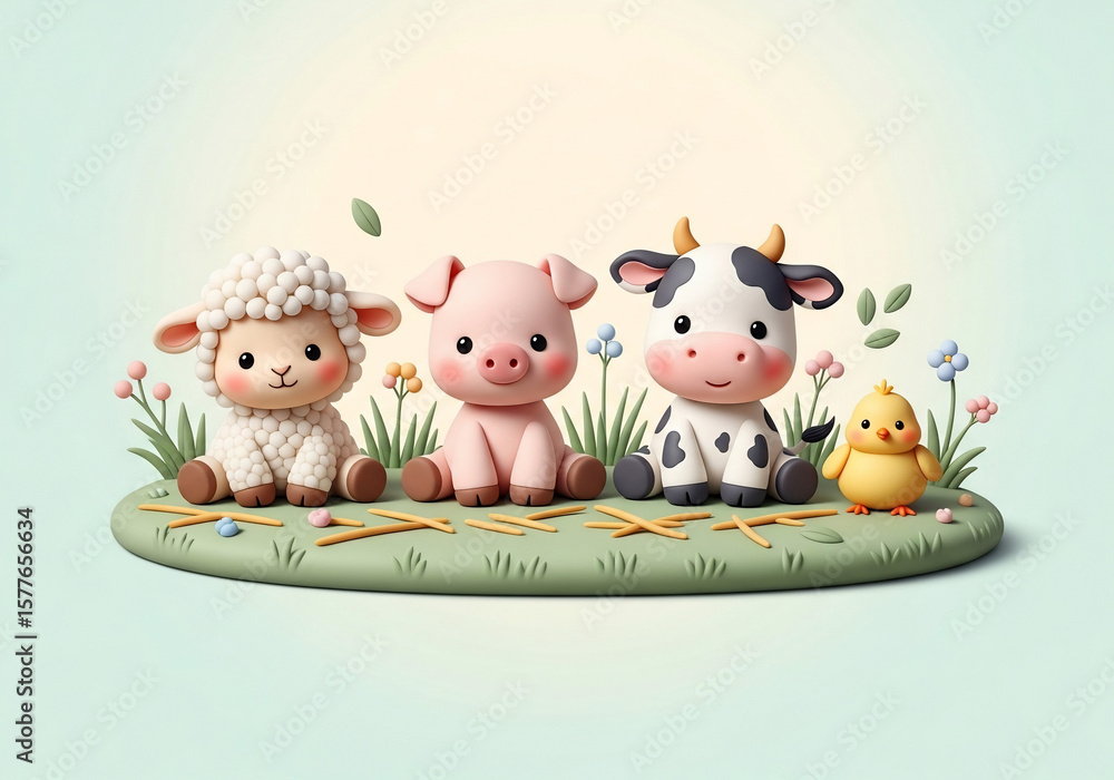 Naklejka premium A charming scene of cute clay animals featuring a sheep, pig, cow and chick sitting together on a grassy surface surrounded by tiny flowers and hay, perfect for springtime themes and children.
