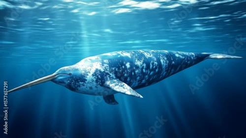 Behold a majestic narwhal gracefully gliding through the deep blue sea, its iconic tusk gleaming as it navigates the depths of its natural habitat.