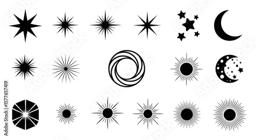 A collection of various star and celestial body illustrations in black and white, perfect for design elements, adding a touch of cosmic flair to any project.