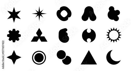 Collection of abstract geometric shapes and symbols in black on a white background, representing diverse concepts and design elements.