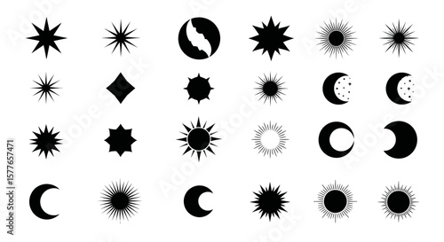 A diverse collection of minimalist black celestial symbols, including various suns, moons, and stars, perfect for spiritual and astrological design projects.