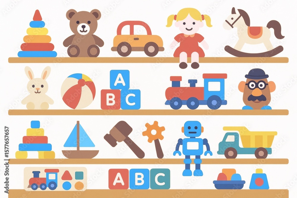 Fototapeta premium Flat Illustration of Colorful Kids Toys on Shelves