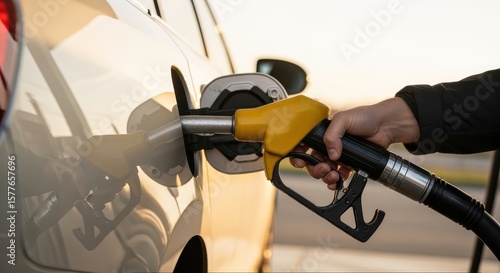 Close-up of a person refueling a vehicle at a gas station using a yellow fuel nozzle