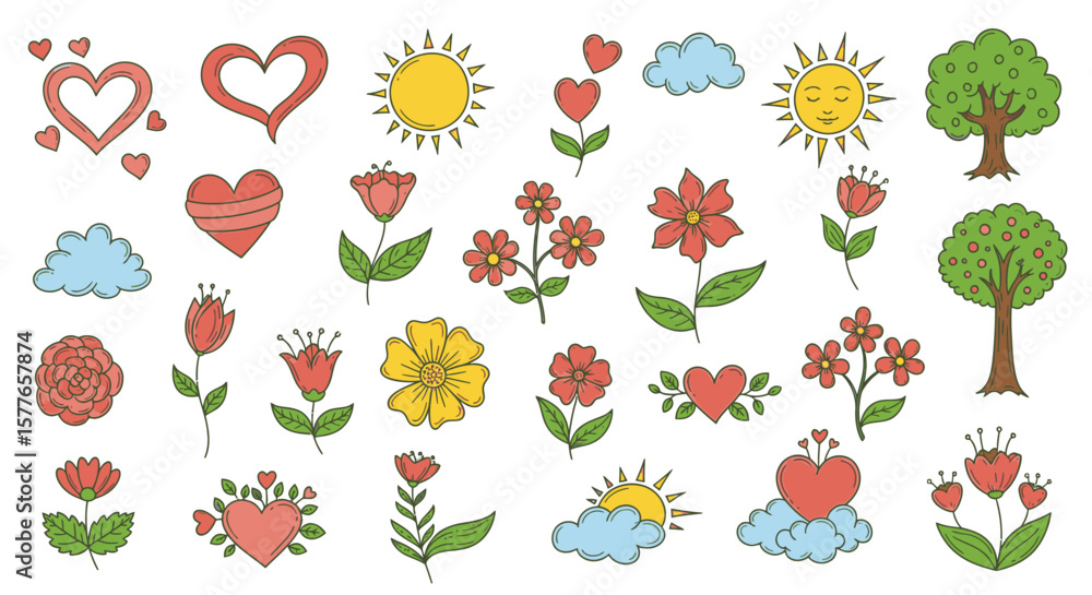 Fototapeta premium A whimsical collection of hand-drawn elements featuring hearts, flowers, trees, suns, and clouds, creating a cheerful and playful design suitable for various creative projects.