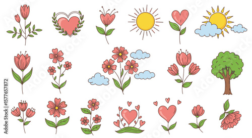 Collection of hand-drawn floral elements, hearts, suns, and clouds, perfect for Valentine's Day cards, spring designs, or any project needing a touch of cute, simple nature and love. 
