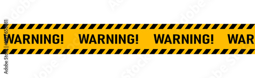 Warning tape yellow and black for industrial safety, road, construction, barricade. Warning text and tape. Vector illustration.