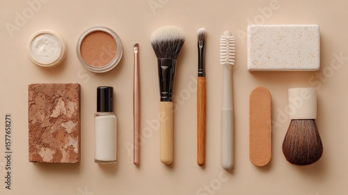 Flat lay of makeup tools and skincare products on beige background