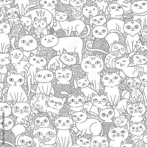 Cartoon Cat Doodle Art Pattern, Coloring Page for Adults