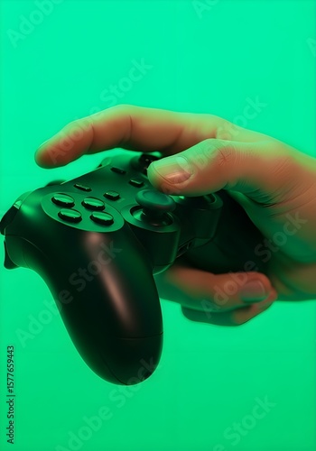 Male hand holding gaming controller with bright green chroma key background, isolated