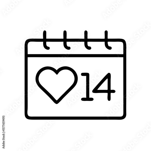 Calendar icon with heart on 14 symbolizes Valentine's Day love  
