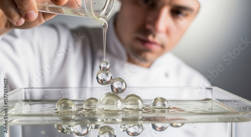 Fototapeta Naklejka Na Ścianę i Meble -  Molecular Gastronomy Spheres. A chef in a professional kitchen carefully pours liquid from a beaker to create transparent spheres, a technique often associated with molecular gastronomy. 