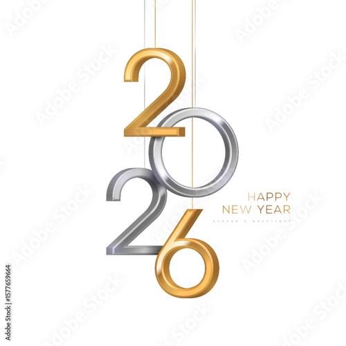 2026 silver and gold numbers hanging on white background. Vector illustration. Minimal logo invitation design for Merry Christmas and Happy New Year. Winter holiday poster banner flyer