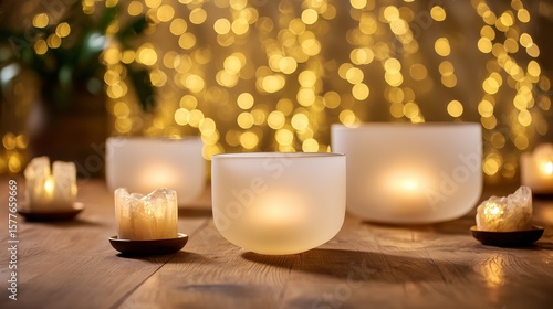 Serene Crystal Singing Bowls on Wooden Floor for Meditation and Healing