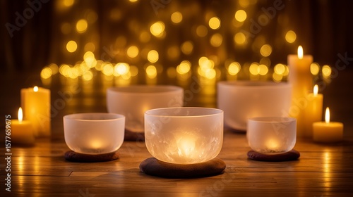 Tranquil Crystal Singing Bowls on a Serene Wooden Floor