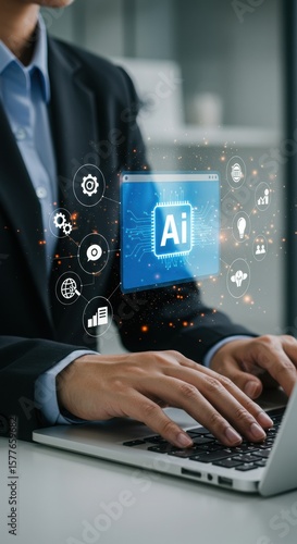 Business professional working on laptop with AI overlay. Futuristic tech workspace with digital icons. Innovative corporate environment with artificial intelligence.
