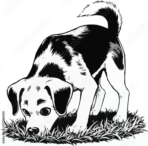 Vector art of a curious puppy sniffs the grass in a playful exploration
