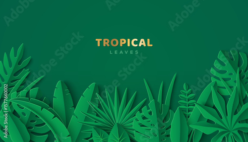 Tropical Leaves Summer Poster. Green Jungle Border Frame. Hawaiian vacation sale flyer template. Vector paper cut illustration. Palm silhouette cutout ecology modern banner. Rainforest tropic foliage