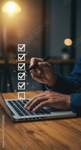 Productive executive reviewing completed checkboxes on laptop. Organized professional with task approval overlay. Business efficiency with digital checklist.