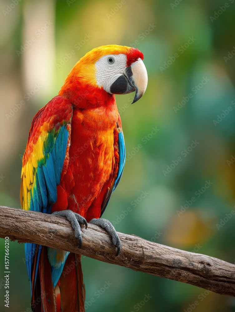 Obraz premium Colorful Parrot Perched on a Tropical Branch in a Vibrant Jungle Setting With Empty Space for Text