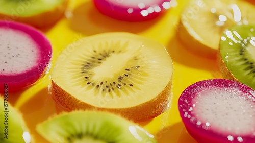 Tropical fruit slices on bright yellow surface, including papaya, kiwi, and dragon fruit, exotic vibe