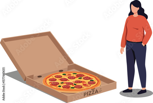 Woman standing near open pizza box with pepperoni pizza vector illustration in casual clothes 