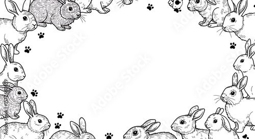 Bunny and Paw Print Frame: Hand-Drawn Rabbit Border