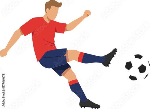 Male soccer player kicking ball in red shirt and blue shorts football action vector illustration 