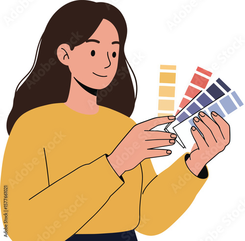 Woman choosing color palette with paint swatches for design and decoration projects vector illustration 