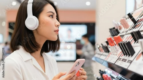 An asian woman looks at lipstick colors while shopping in a cosmetics store.