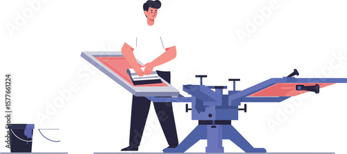 Man operating screen printing machine with ink bucket vector illustration in modern style 
