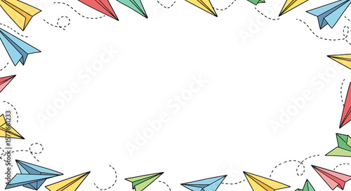Colorful Paper Airplane Frame Background with Dotted Flight Paths
