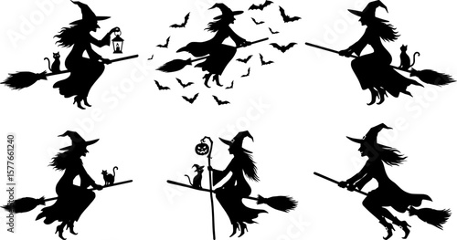 A set of black witch silhouettes soaring on broomsticks with cats and bats for spooky halloween designs and decorations