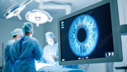 Surgeons performing eye surgery, using a monitor to guide them,Eye surgery in progress, with a detailed view of the iris displayed on a screen