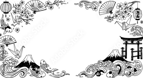 Japanese culture traditional background design with koi fish and sakura