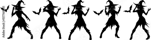 A playful collection of spooky witch silhouettes with bats wearing tattered dresses and pointed hats for a fun halloween celebration