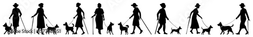 Elderly Woman Walking with Cane and Small Dog by Their Side, Silhouette Collection of Senior and Pet Companionship, Flat Black Vector Icons on White Background