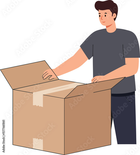 Man opening large cardboard box unpacking items in casual clothing vector illustration 